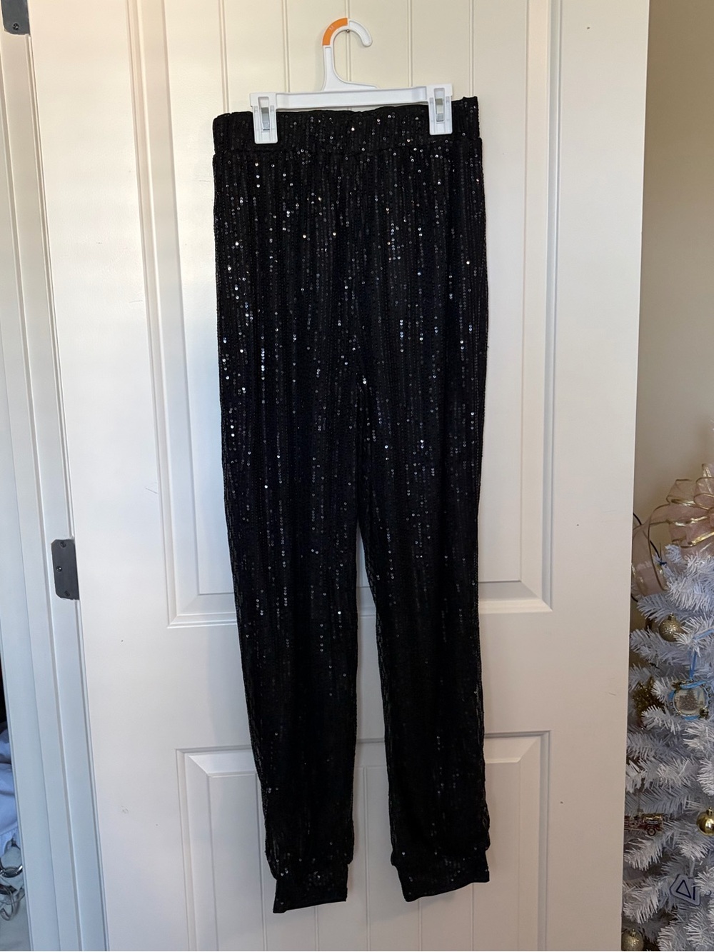 black sequin joggers